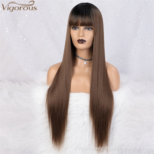 Vigorous Ombre Black Roots To Brown Middle Part Long Silky Straight Wig With Bangs Lace Front Synthetic Hair Wig